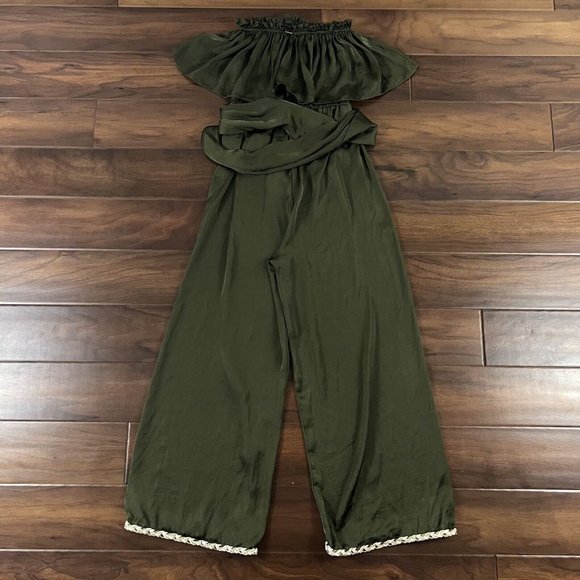 Misa Women's Size XS‎ Olive Green Satin Strapless Jumpsuit - Picture 9 of 14